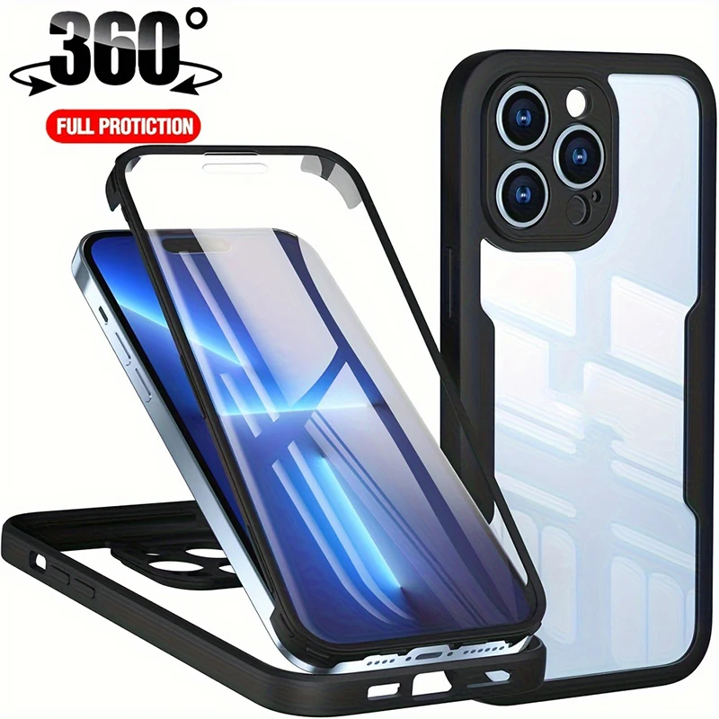 360 Full Body Heavy Duty Case For iPhone 15 14 Pro Max 13 12 Pro 11 XS 7 8 Plus Double Sided Transparent Cover Soft Phone Case