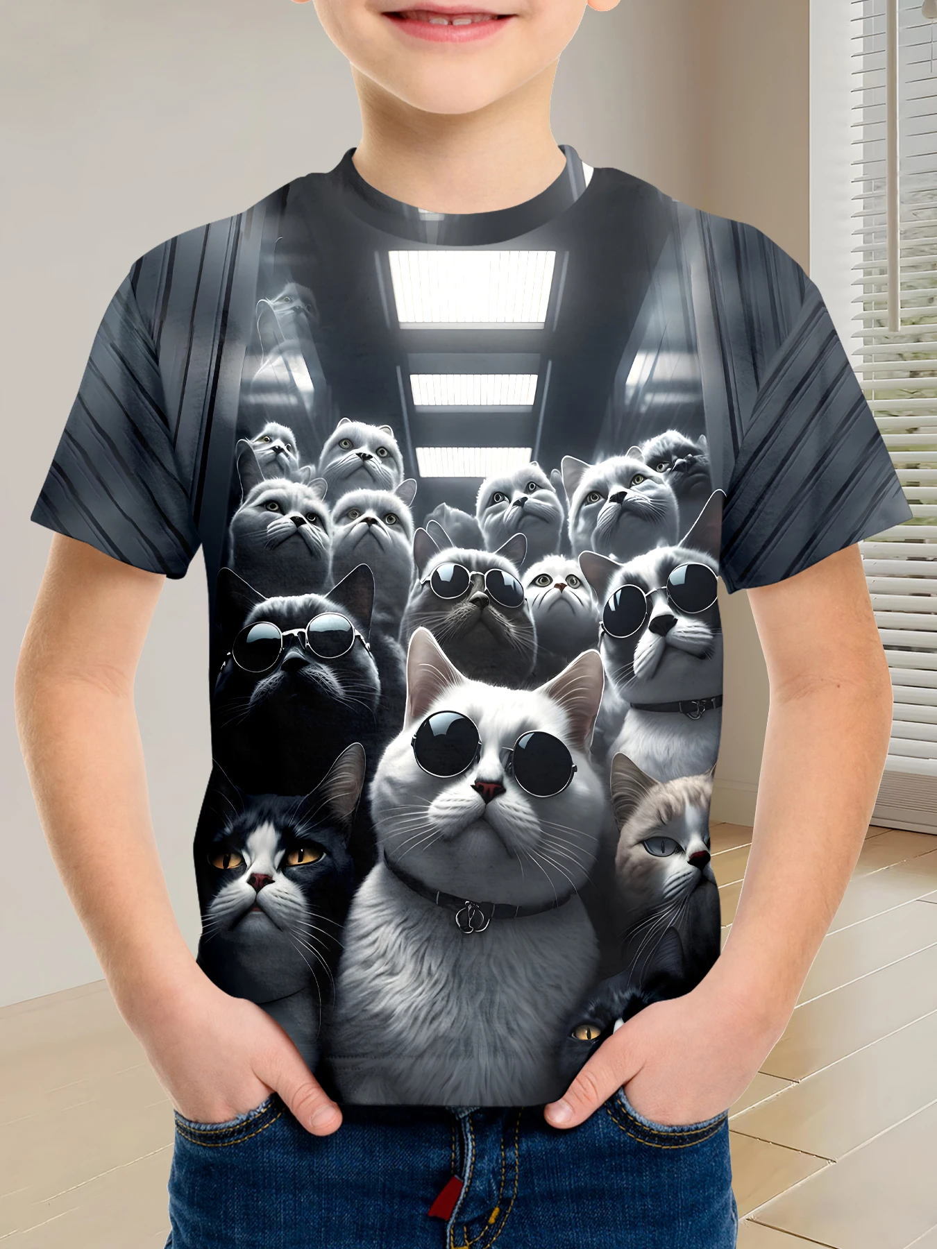 

Детская персонализированная повседневная футболка с кошачьей тематикой