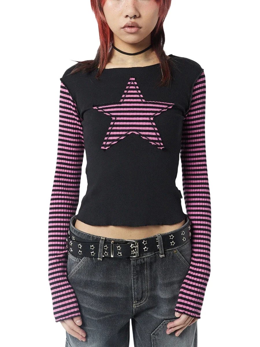 Camisa informal de estrella para mujer, Tops góticos Y2k de manga larga con cuello redondo y rayas de estrellas, Tops ajustados estéticos Vintage, ropa de calle Grunge a la moda