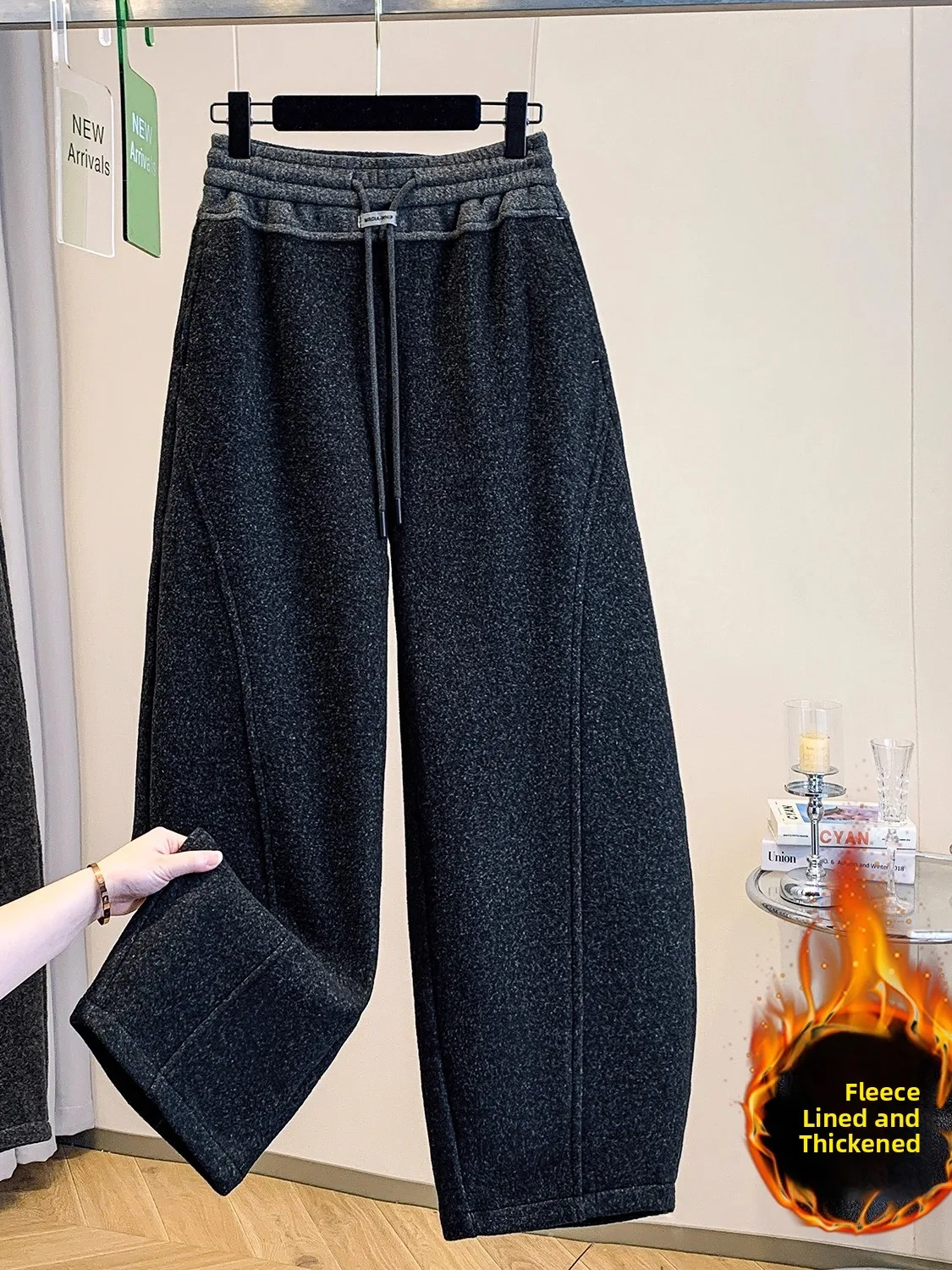 ارتفاع الخصر Fce اصطف واسعة الساق سكين السراويل الصوفية اللون بلو السراويل الشتوية غير رسمية للنساء حجم كبير #3