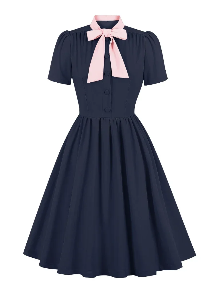 

Hepburn Vintage Contrast Pink Tie Neck Button Up Summer Dress 2025 New Women's 50s Party Clothing Elegant Pleated Swing Dresses
