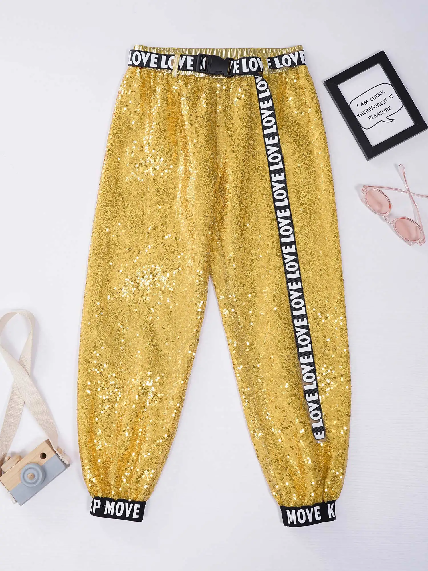 Kids Girls Jazz Hip-hop Dance Set 2 pezzi New paillettes Crop Top camicie + lettera stampa cintura pantaloni Suit Street Dance Performance Costume