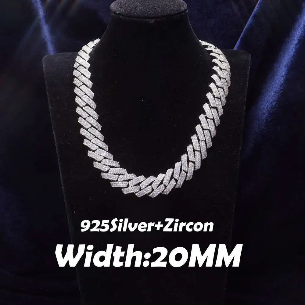 20mmeuropean and American Fashion Light Luxury High-end Men's Cuban Chain 925 Silver Full Set Hip-hop Necklace