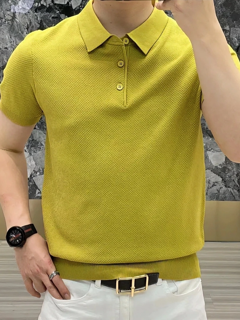 Summer New Sle Men's irt ort Sve Flip Collar Pine Pattern Faionable Versatile European Goods Haome