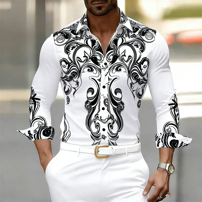 Men's Long-Sleeved Shirt with Retro Black and White Art Print, Outdoor Street Style Long-Sleeved Shirt, Business Casual Top