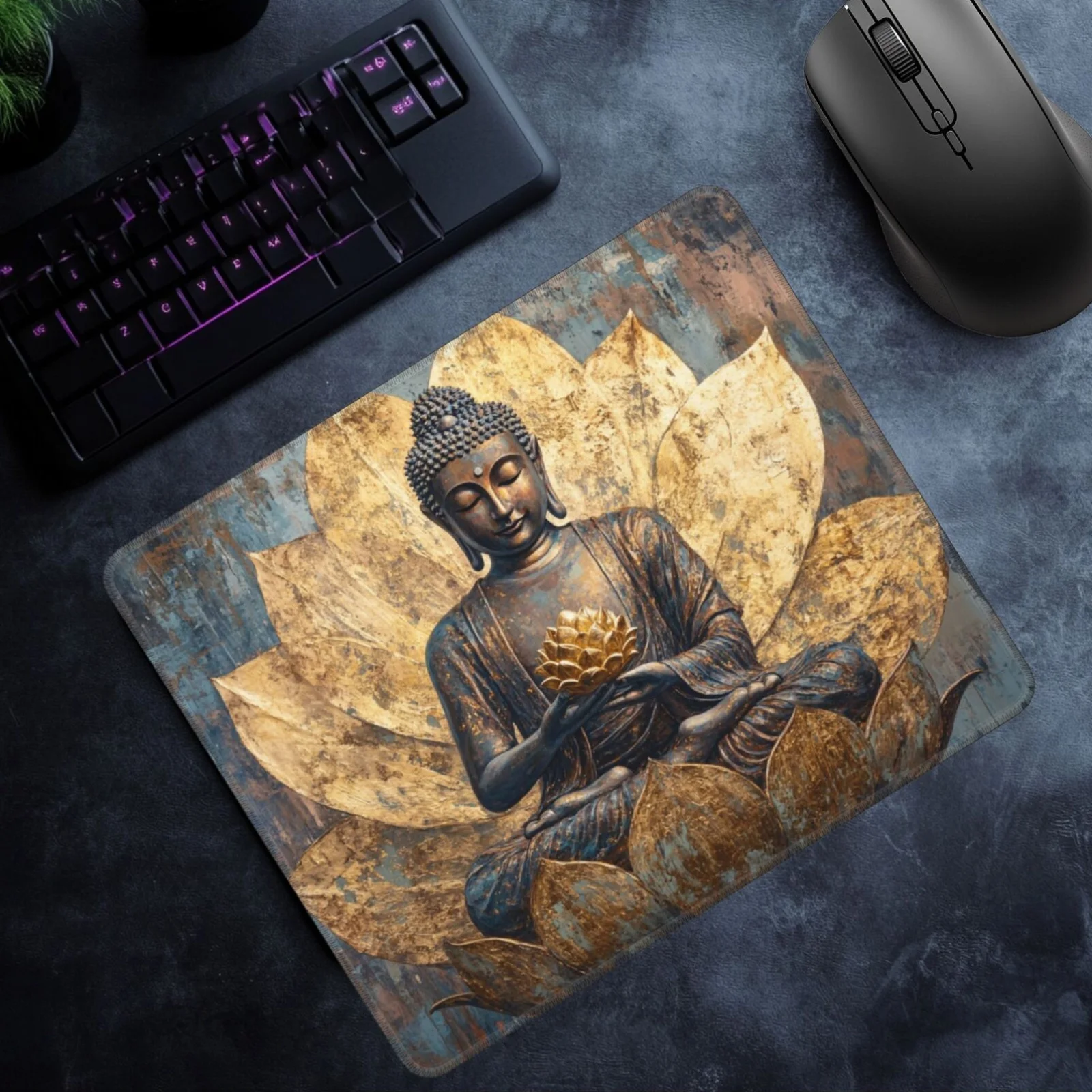 

Коврик для мыши с изображением Будды с золотым лотосом, светящийся коврик для мыши, аксессуары для стола, интерьерный коврик для мыши, настольный коврик