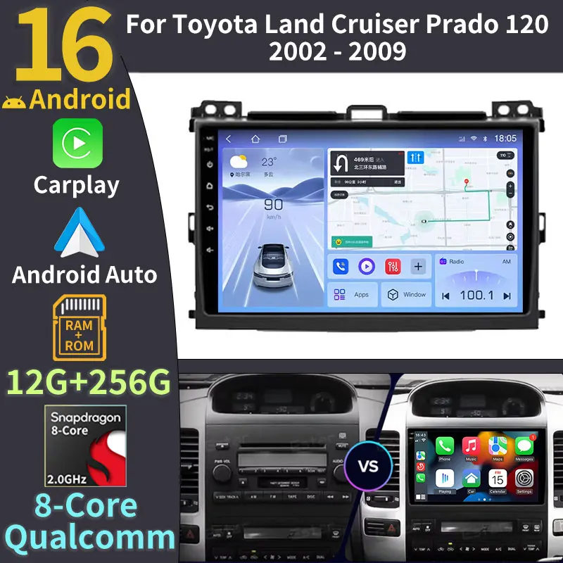 Android 16 For Toyota Land Cruiser Prado 120 3 III For Lexus GX470 GX 470 J120 2002 - 2009 Car Radio Wireless Carplay DSP RDS BT
