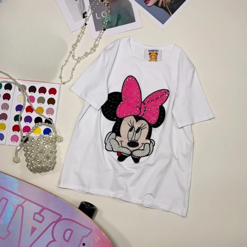  Chic Spring And Summer Tees New Korean Style Fashion Bead Cartoon Patch All-Matching Loose Short Sleeve T-shirt Female