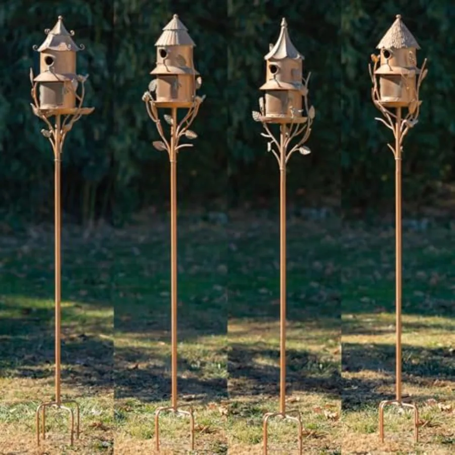 

4 Assorted Birdhouse Feeder Garden Stakes in Antique Copper The Homestead Collection Set of All 4 Styles 1 of Each