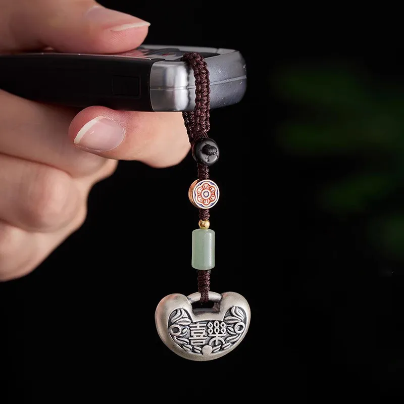 Vintage Ruyi Lock Keychain Pendant Cord with Silver Texture Peace Joy Phone Chain Accessories for Men and Women Gifts