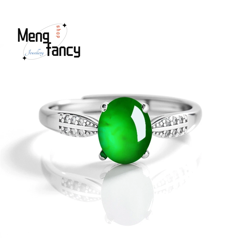 

S925 Silver, Natural A-Grade Jade, Bright Green Oval Face Ring Ice Type Jade Ring Women's Style Fashionable And Adjustable