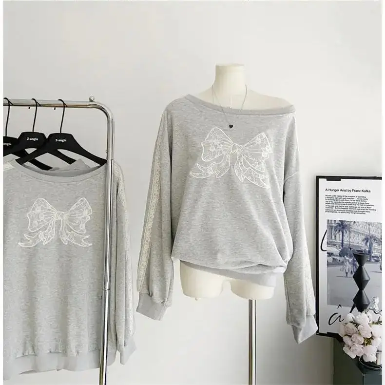 Sweet lace long-sleeved T-shirt for women 2024 autumn Korean casual loose design tops