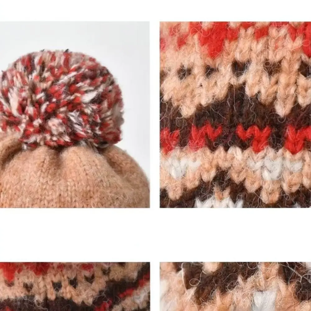 Winter Warm Knitted Beanie Hat Women Fashion Crochet Cap Soft Plush Checkerboard Design Elastic Ear Protection Bonnet