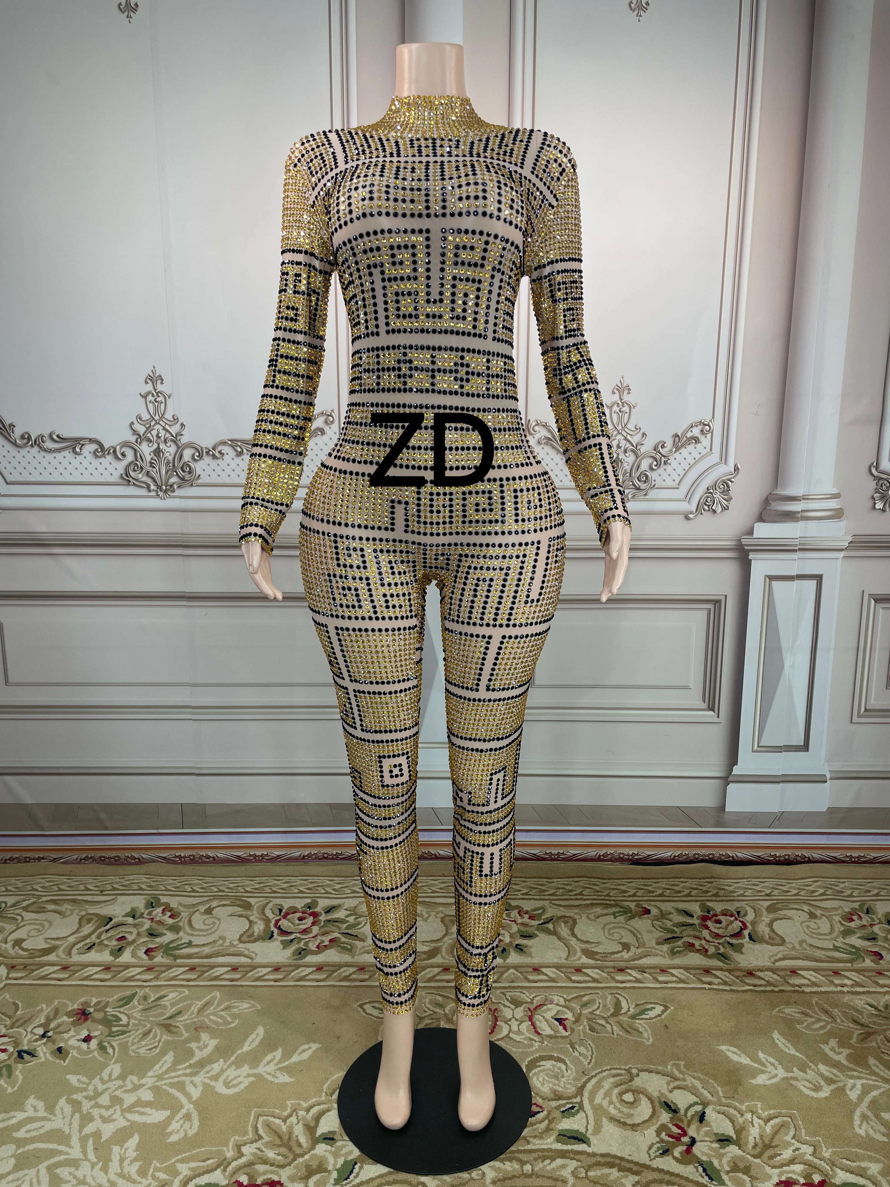 Nieuwe Sexy Mesh See Through Strass Bodysuit Sparkly Zwarte Goud Stenen Jumpsuit Rompertjes Podium Verjaardag Dans Slijtage Plus Size