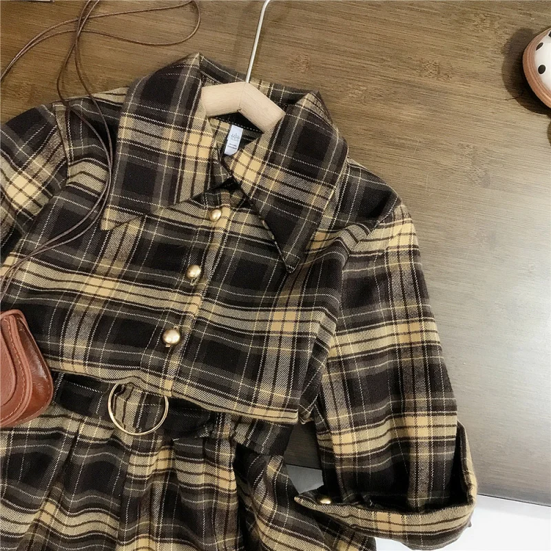 

Girls' Autumn New Vintage Melad Plaid Turn-Down Collar Long Sleeve Shirt Baby Girl Flower Bud Shorts