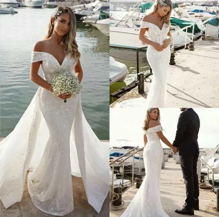 Luxury New Mermaid wedding dress with detachable train sexy lower shoulder V-neck backless lace applique bridal dress 2024