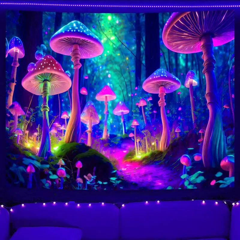 VIKAMA Neon Mushroom Forest Wall Tapestry Fluorescent Glow Psychedelic Trippy Art Purple Blue Gradient for Room Decor