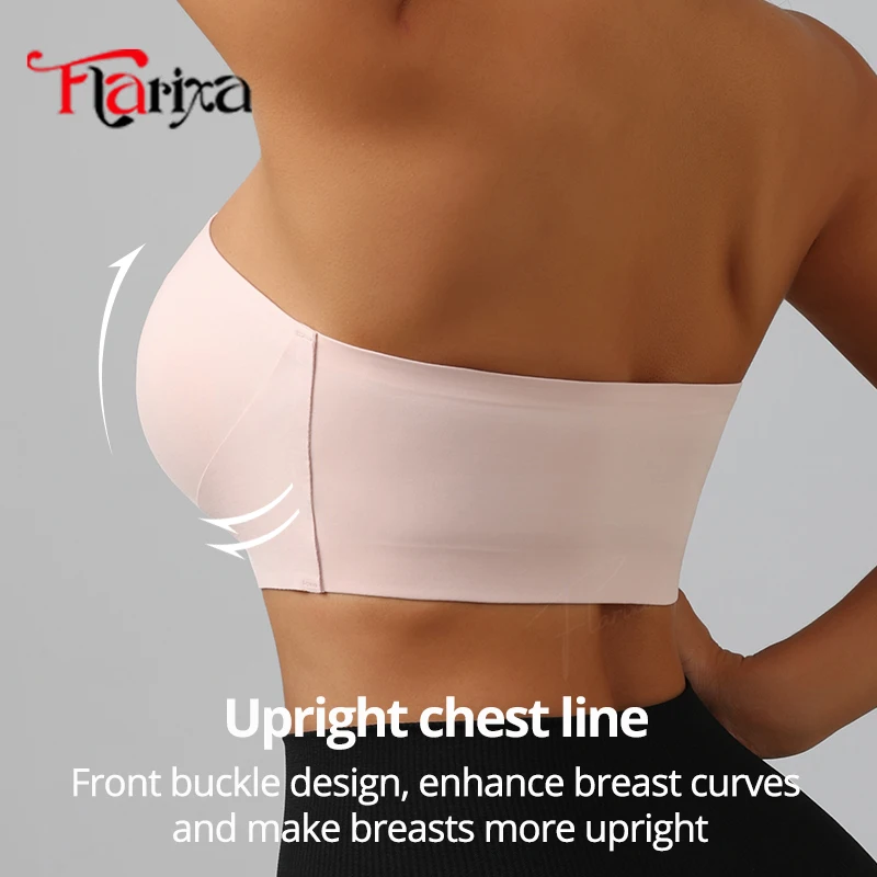 Flarixa Women Front Closure Strapless Bra Chest Wrap Bandeau No Pads Anti Slip Tube Top Smooth Push Up Comfortable Underwear
