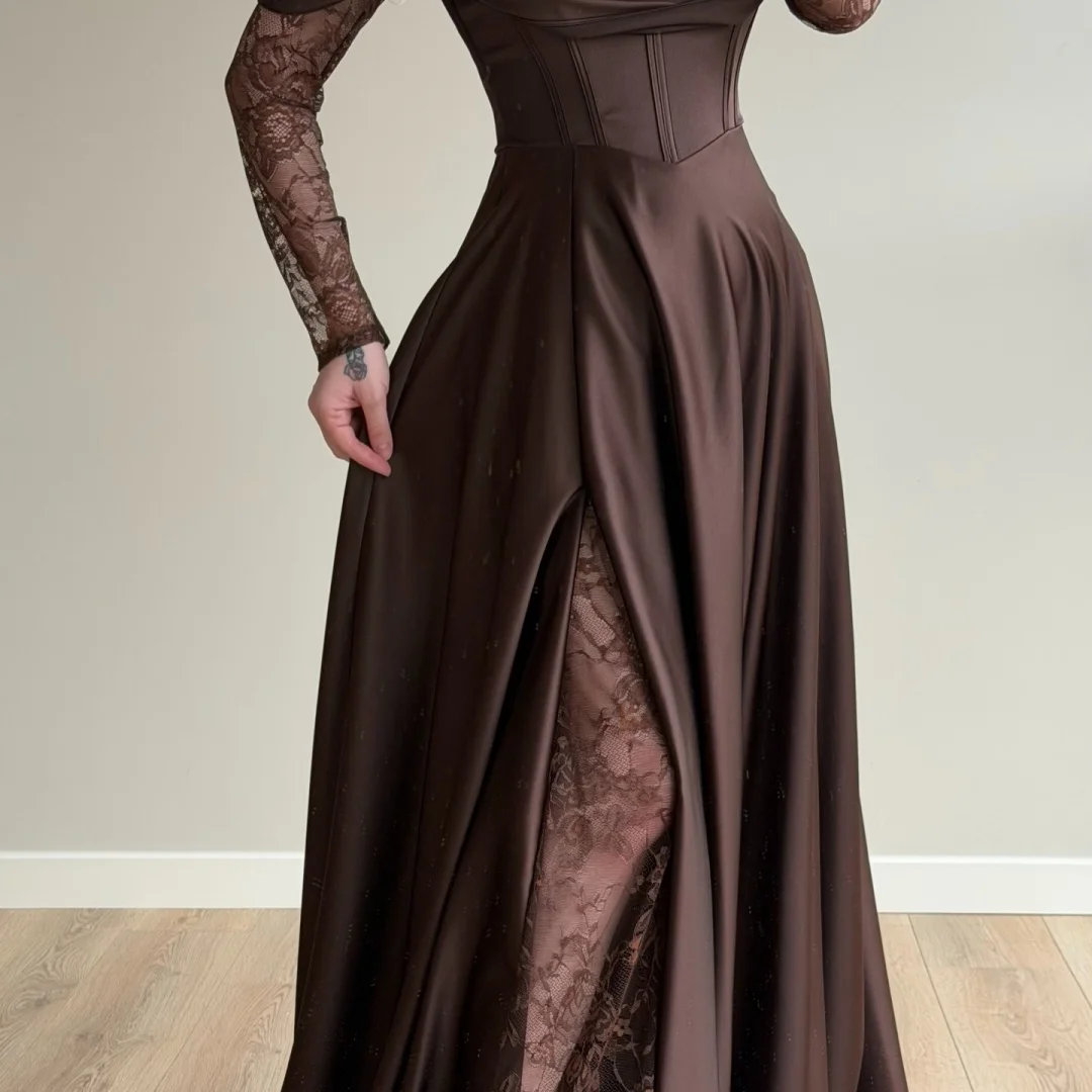 Amanda Customized Chocolate Brown Off Shoulder Prom Dress with Lace Long Sleeves, Satin Corset Bodice, Lace Overlay High Slit