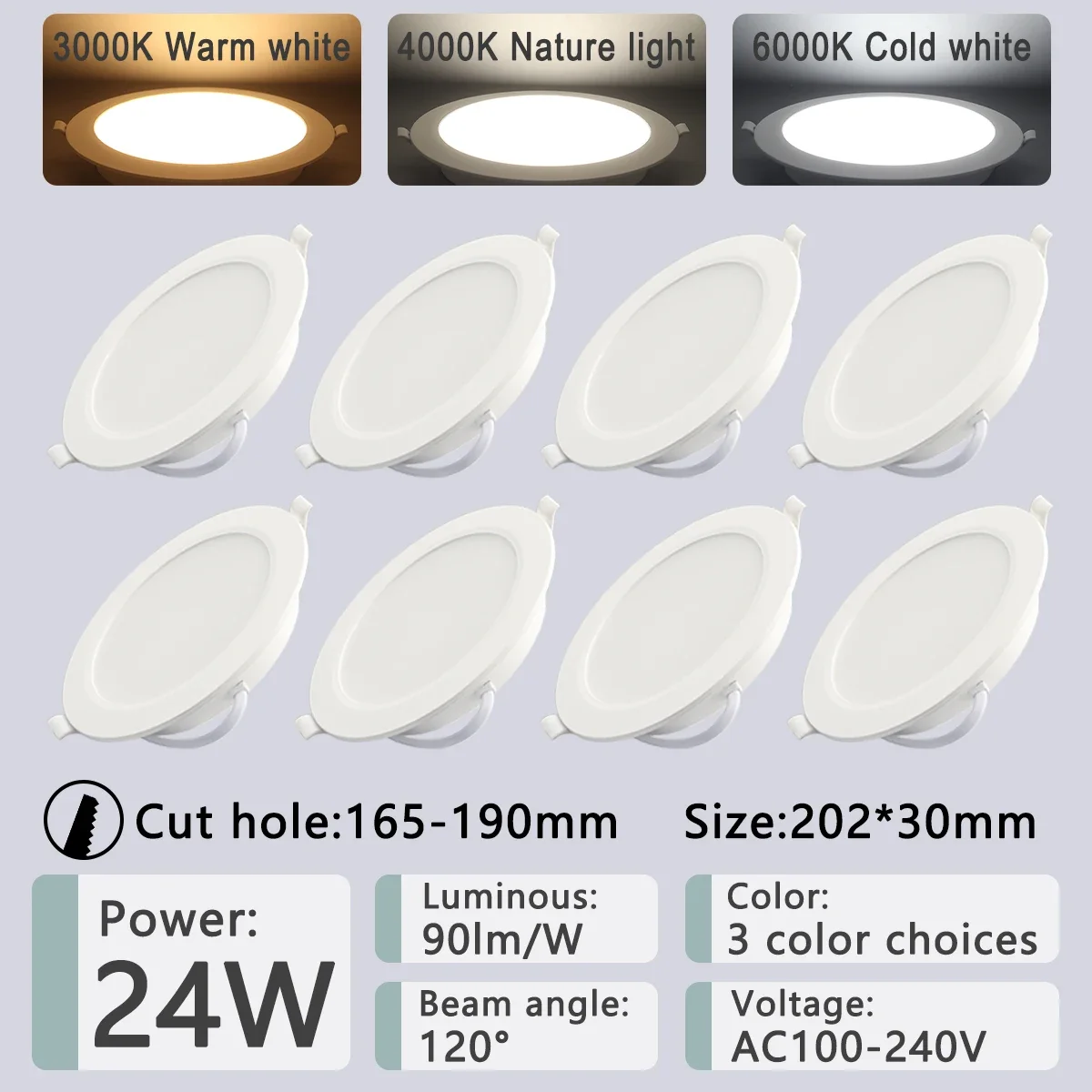 Gatetop 8er-Pack LED-Einbau-Downlight, 3, 4, 5, 6, 8 Zoll, 3000 K, 4000 K, 6000 K, runde LED-Panel-Leuchte, 110 V, 220 V, 230 V, für die Innenbeleuchtung zu Hause 8