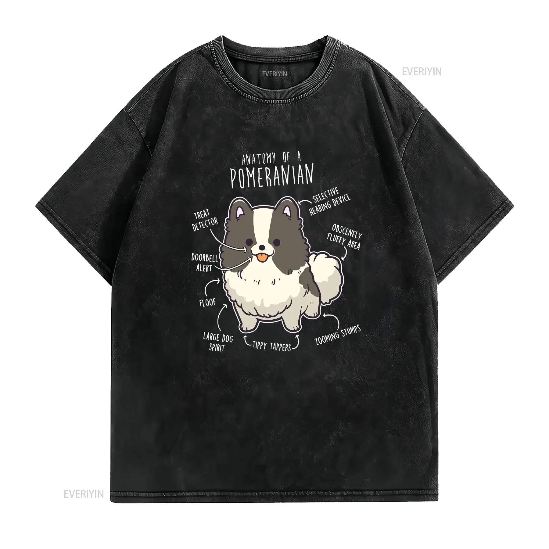 Parti Pomeranian T Shirt Funny Dog Lover Cute Pom Black and White Pet Mom Dad vintage Washed Stylish Top For Everyday Wear