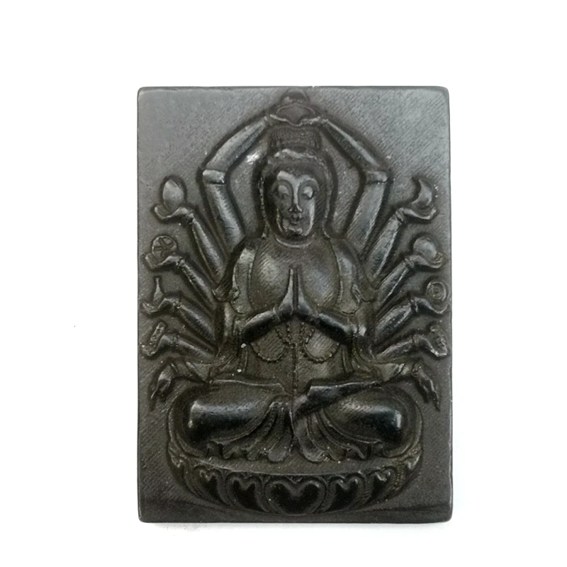 YIZHU CULTUER ART 3.2 Inch Collection Old China Hongshan Culture Black Magnet Jade Avalokitesvara Statue Amulet Pendant Ornament