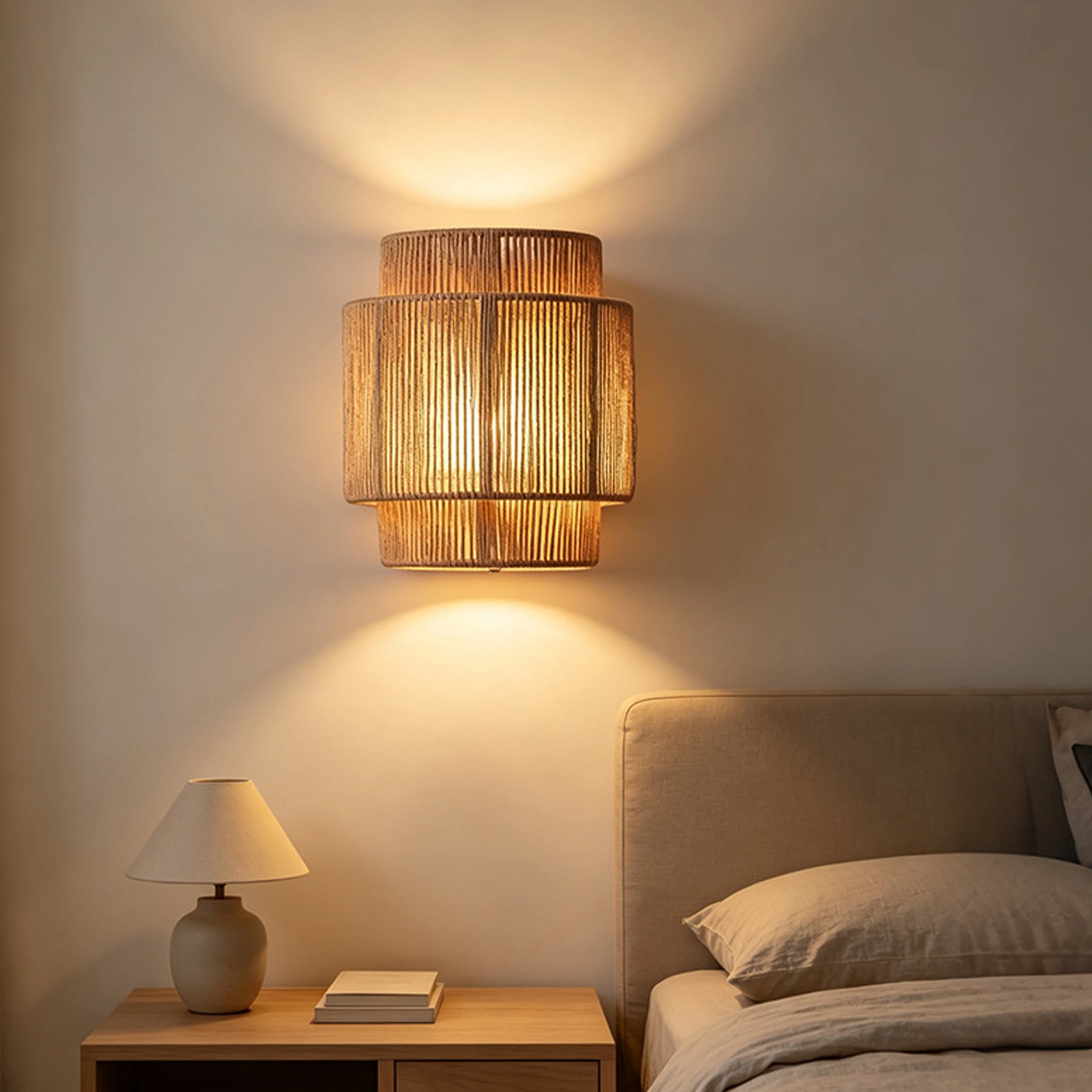 Wabi Sabi Rattan Wall Lamp Hand Woven Rustic Wall Sconces Bedroom Living Room Entryway Hallway Indoor Wall Light Home Decor