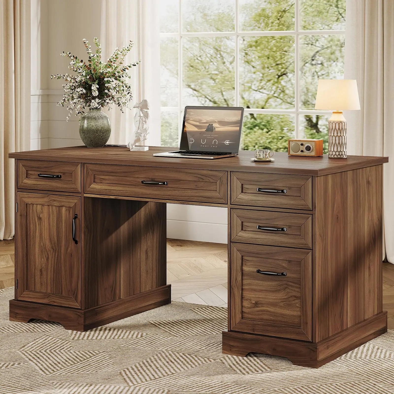 Farmhouse 59 Inch Executive Desk with Drawers, Walnut | Computer Table with File Cabinet, Charging Station, Office Desk