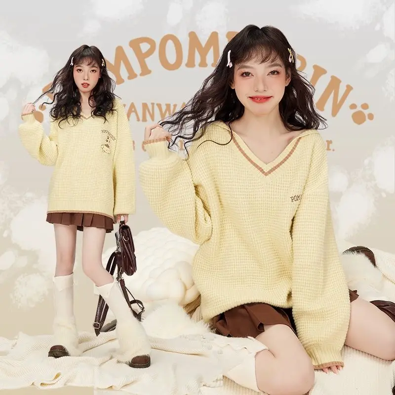 Kawaii Pompom Purin V-Neck Sweater Cartoon Sanrio My Melody Kuromi Cinnamoroll Girl Embroidered Knit Coat Cute Soft Sweater Top