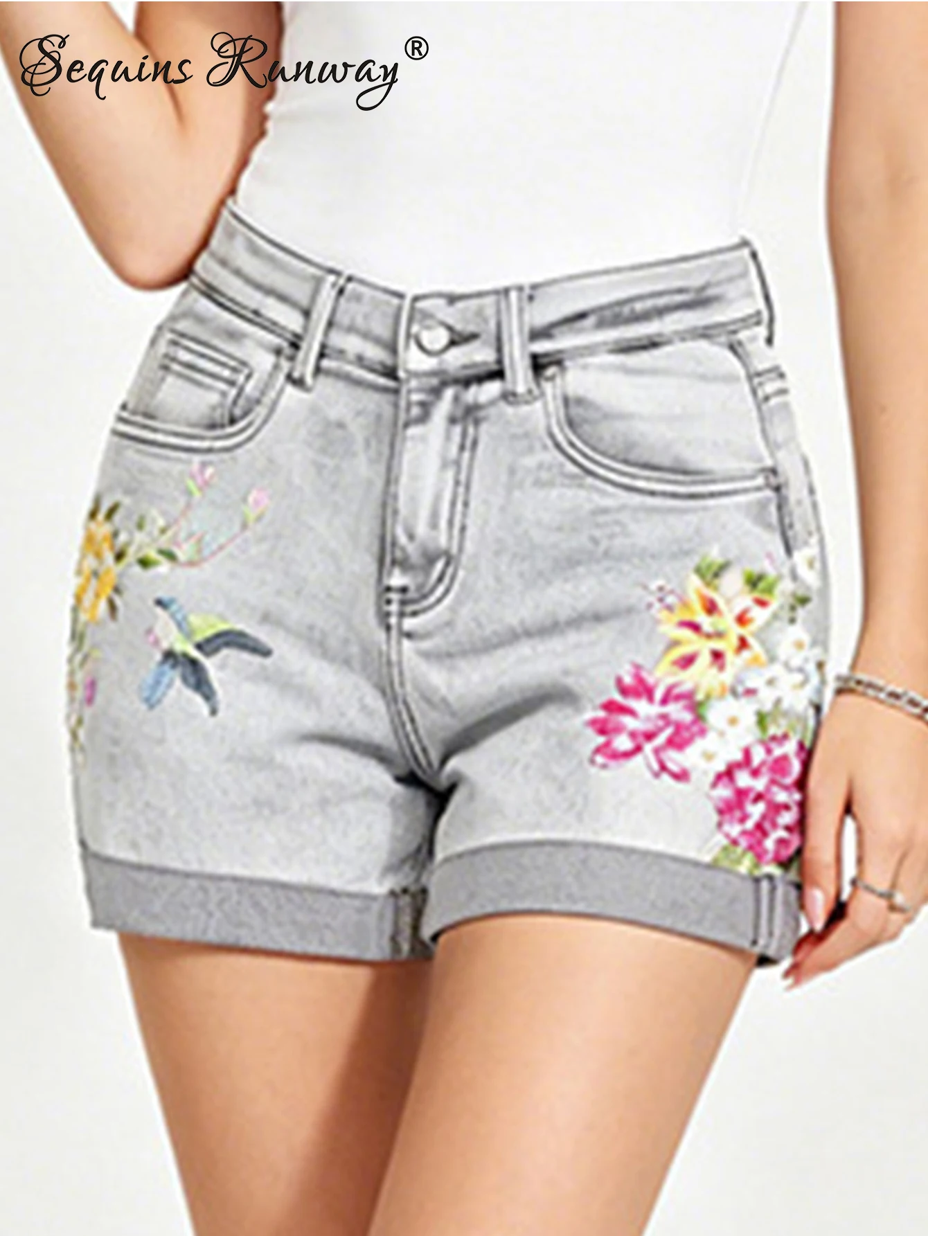 Sexy embroidery flower jean shorts women summer denim casual shorts woman black fashion mini short jeans hot pants streetwear HL
