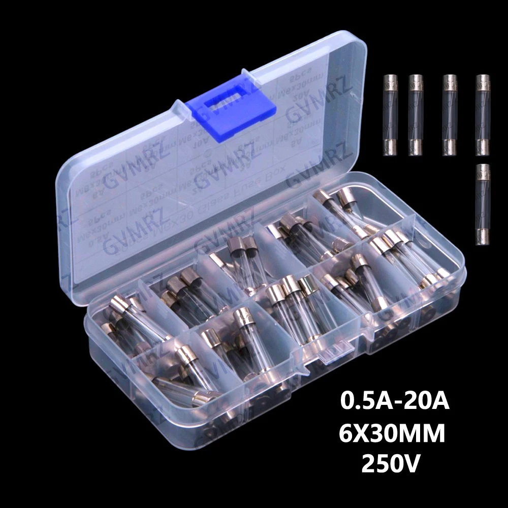 50pcs 0.5A- 20A 6*30MM Glass Fuse Tubes 250V Box 0.5A 1A 2A 3A 5A 6A 8A 10A 15A 20A