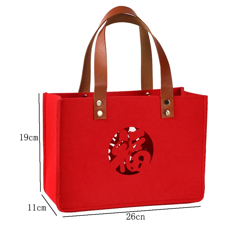 Red Felt Tote Bag Grande Eco Tecido Não Tecido Shopper Bag Bonito Casamento Chinês Partido Estilo Reutilizável Shopping Bag Gift Handbag