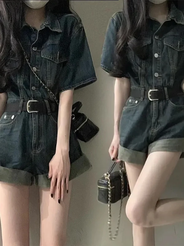 Denim-Einteiler mit hoher Taille für Damen, Sommer 2025, neues Vintage-Set, lockeres Gefühl, Ort-Hosen, lässige Taillen-Jeans mit weitem Bein