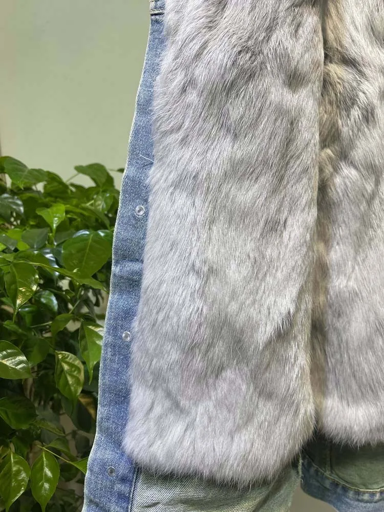 Winter Lady Real Fox Fur Collar Detachable Jacket Thick Warm Rabbit Fur Inner Denim Coat Loose Fit Batwing Sleeve Puffer Jackets