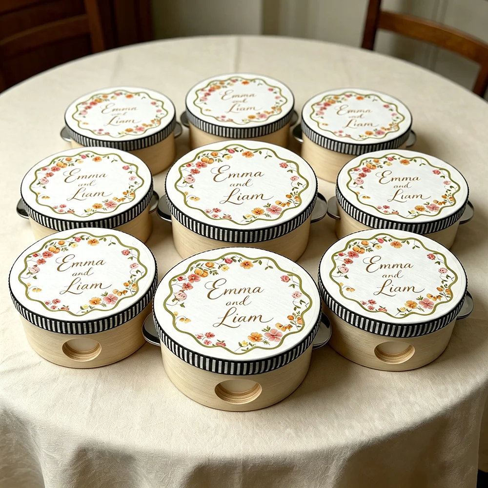 10Pcs Personalized Wooden Tambourine Favor,Custom Printing Your Crest and Monogram Tambourines,Guest Place Card,Wedding Favors