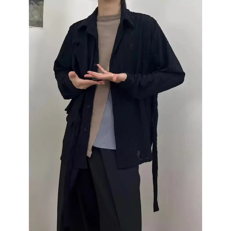 Man Japanese Restore Ancient Ways Jacquard Weave Shirt Long Sleeve Shirt Design Feeling Hollowed Out Upper Garment Autumn  Men