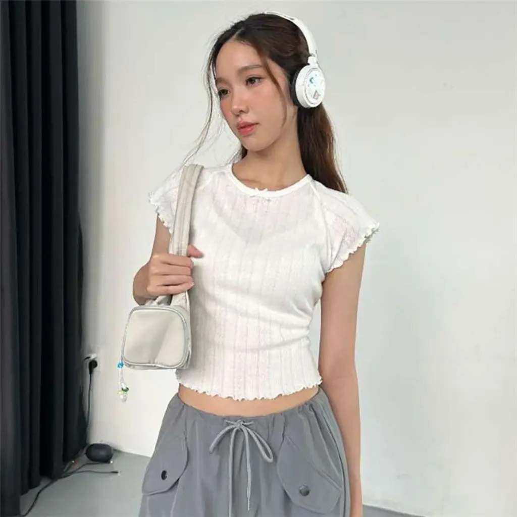 

European And American Style Women's Sweet Solid Color T-shirt round Neck Slim Short Sleeve for Spring And Summer