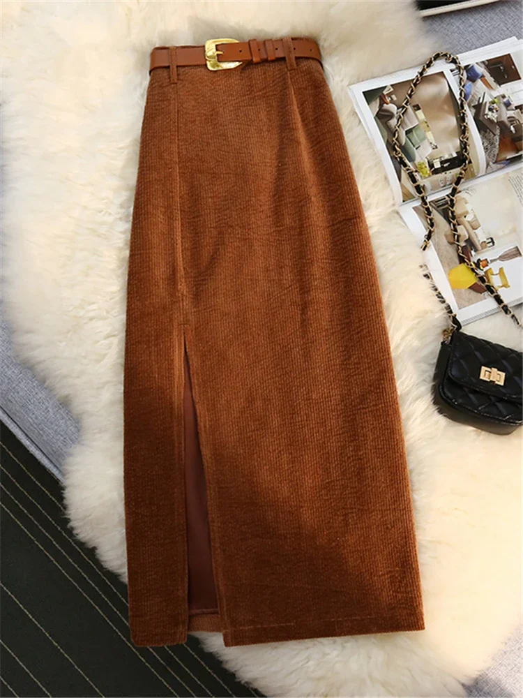 Autumn Winter Corduroy Women\'s Skirts with Belted 2023 New High Waist Straight Classic Front Split Skirts Ladies Female