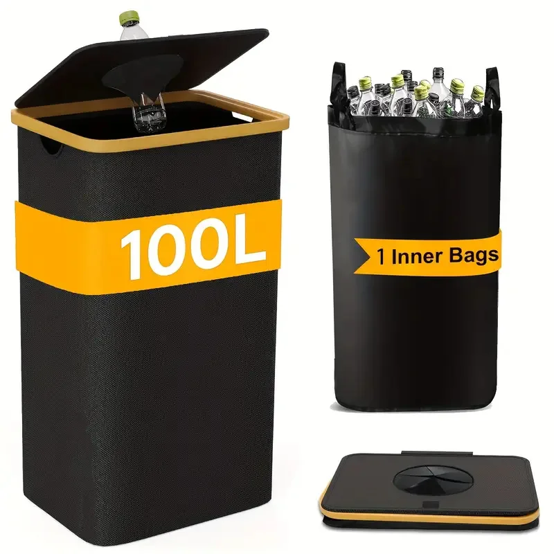 Poubelle de recyclage pliable 100L/140L avec couvercle rabattable et sac intérieur, bac à déchets en tissu imperméable de grande taille pour la cuisine, la maison, le garage, le recyclage des bouteilles
