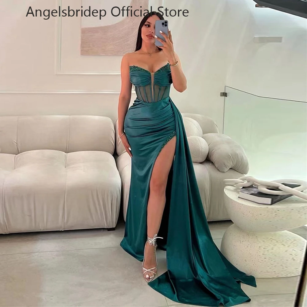 

Angelsbridep Mermaid Satin Evening Dresses Sexy Side Split Beaded Formal Prom Gowns Sweetheart Vestidos Para Eventos Especiales