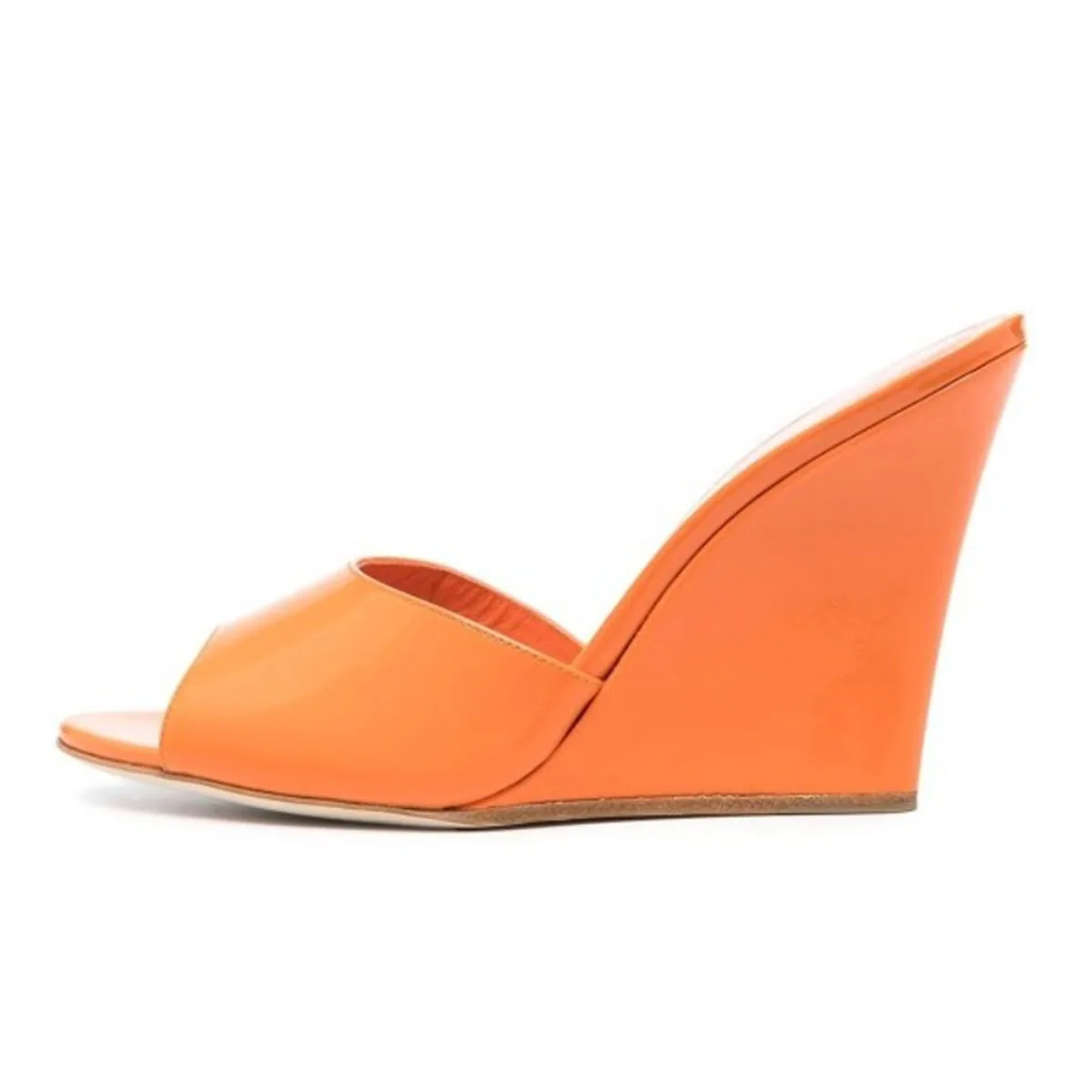 

Arden Furtado Summer Patent Leather Wedge Slippers Peep toe shoe Round toe Pull-on High-heeled Word slippers Extra large size
