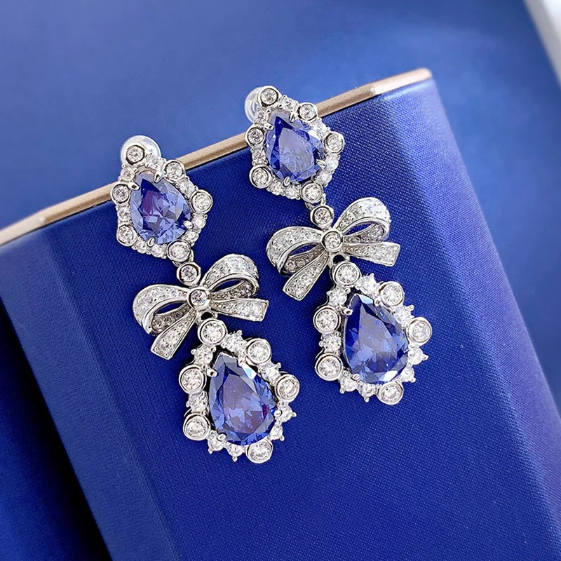 2022 new fashion drop-shaped tanzanite blue earrings for women 8*12 imitation sapphire European and American long