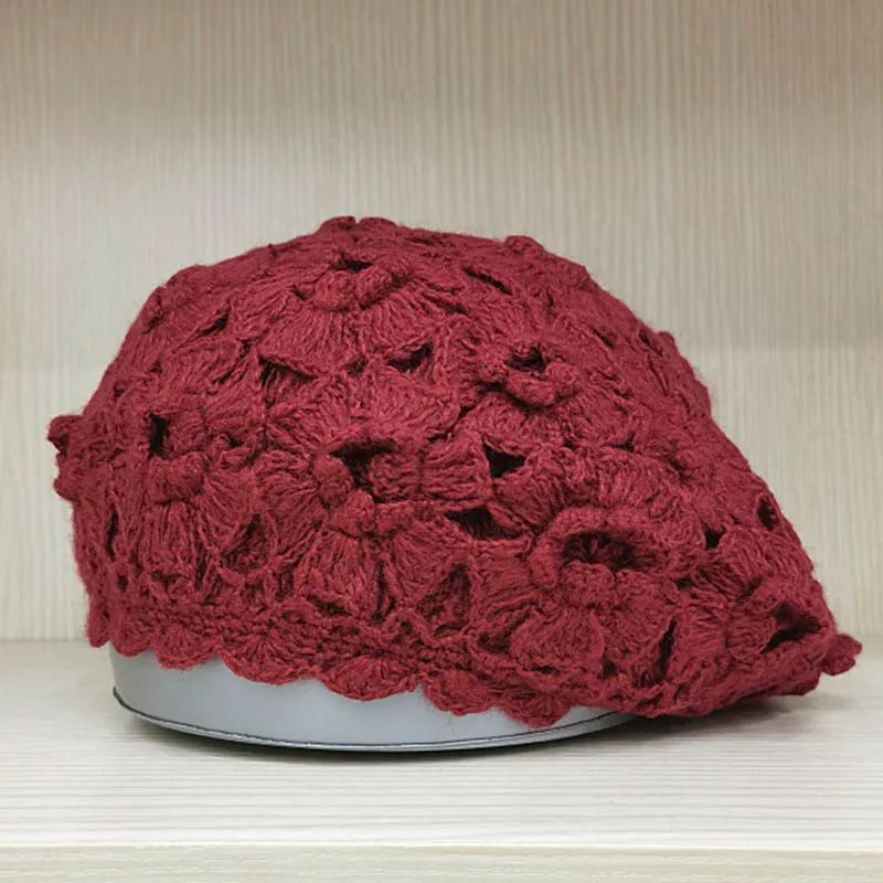 Women Cotton Slouchy Crochet Beret Handmade Cutout Floral French Beret Cap Fall Winter Hat for Women Girl Casual Cap