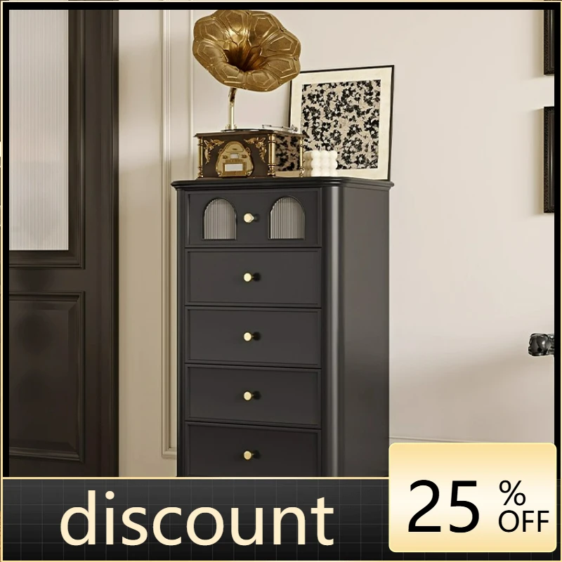 

LTT French retro black solid wood glass chest living room sofa against the wall side cabinet