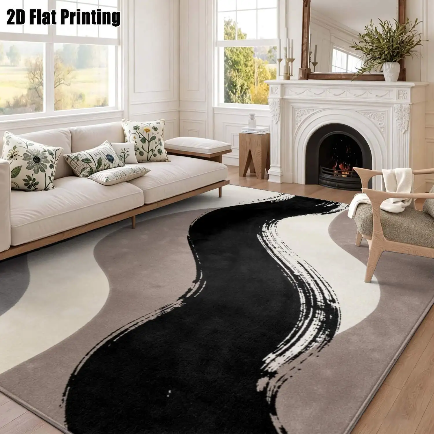 1Pc 2D Printed Black Gray Abstract Art Nordic Modern Minimalist Geometric Striped Carpet, Machine Washable, Multi-Size, Suitable for Home Decor, Entrance, Dining, Foyer, Bedroom, Living Room