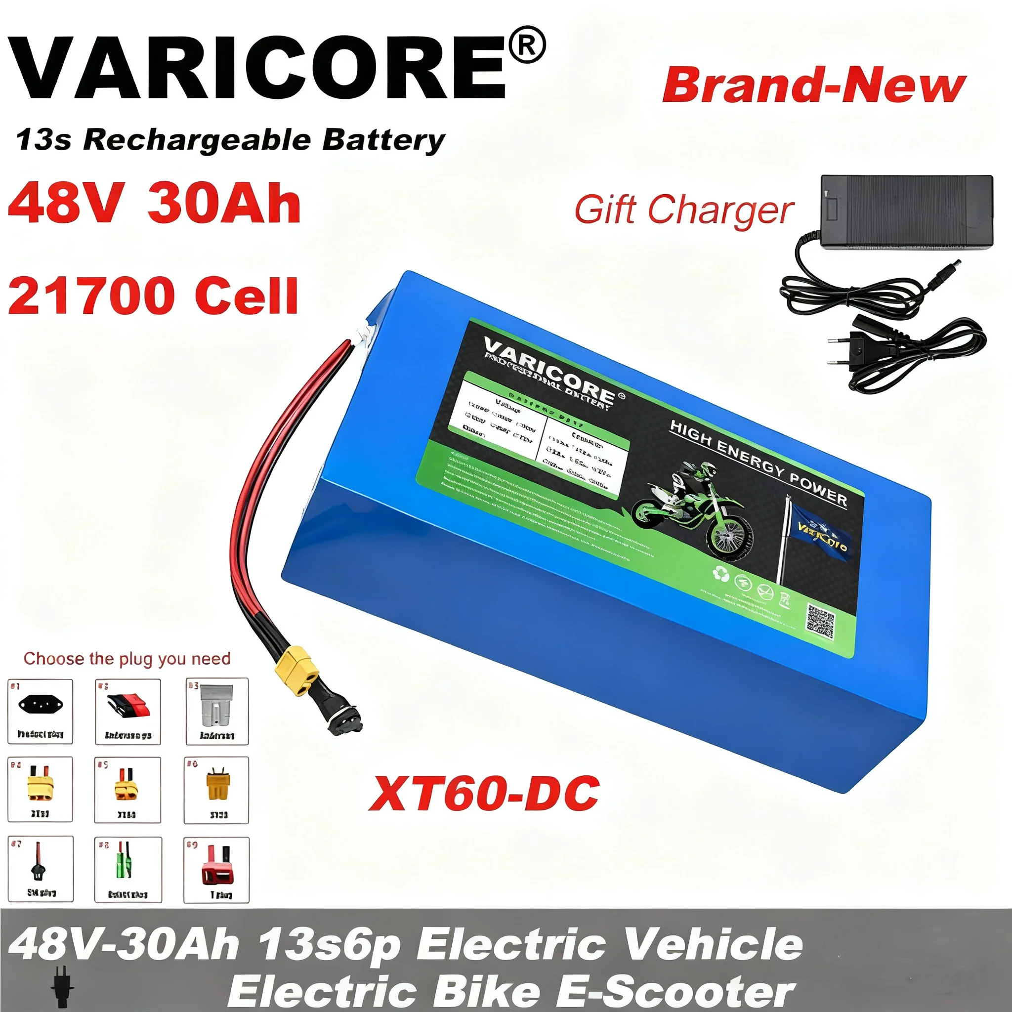 VariCore 48V 30Ah 13S6P 21700 Lithium Battery Pack with Built-in BMS Protection 1200W 1440W including 54.6V 2A Charger