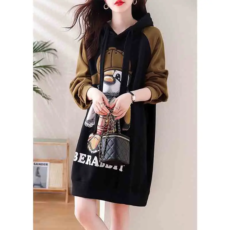 Winter Women Clothing Oversized Cartoon Fleece Dress New Hooded Drawstring Thicken Warm Female Casual Midi Long Sleeve Dresses