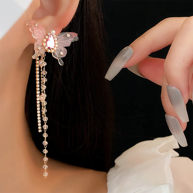 Rhinestone Acrylic Pink Butterfly Water Drop Pearl Fringe Dangle Earrings for Women Sweet Romantic Fairycore Earring New Jewelry