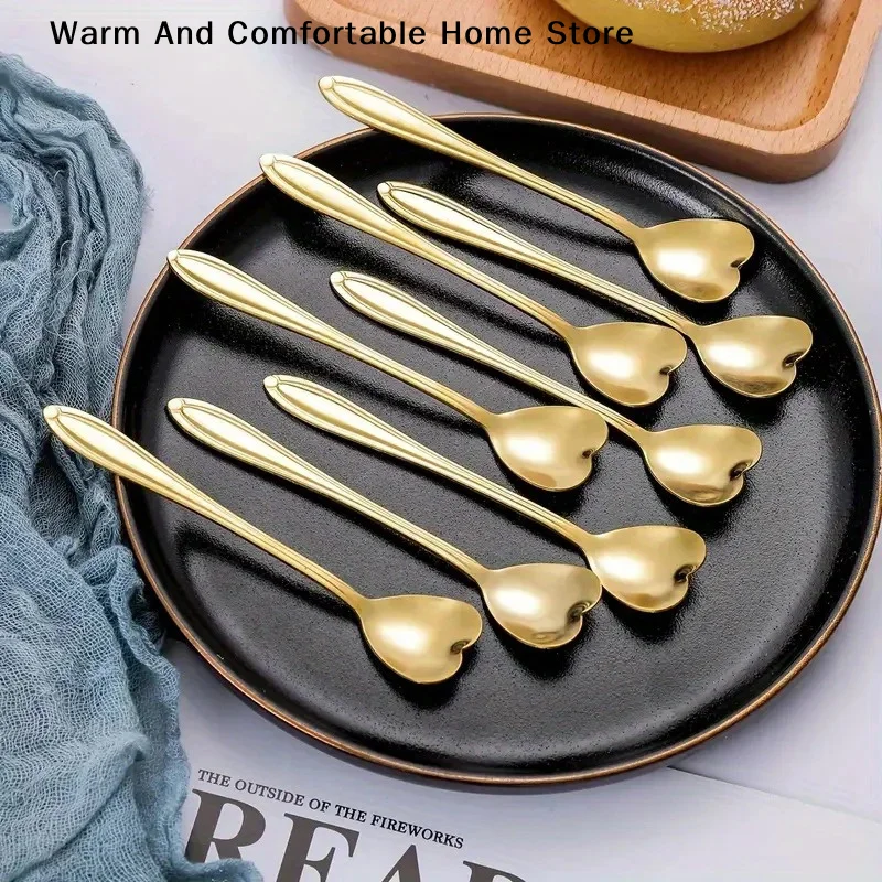 10pcs Gold/Silver Color heart-shaped spoon, stainless steel mixing spoon, used for coffee, tea, ice cream, Mother's Day desserts