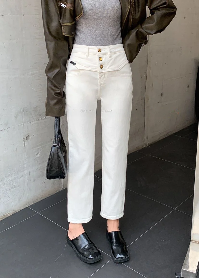 

High Waist Stretchy Slimming Design Jeans White Straight Tube Pants Women's Faion Spring Autumn Denim Skinnies